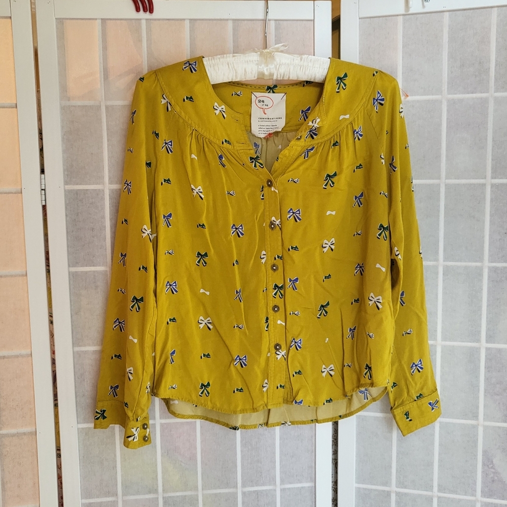 ANTHROPOLOGIE Top Bow Print Yellow Blouse Sz 00P